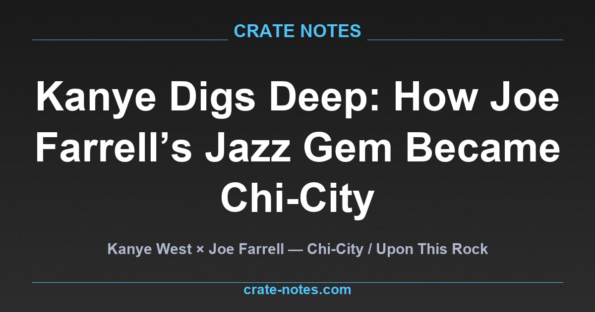 CRATE NOTES article title about Kanye West sampling Joe Farrell jazz record Chi-City on dark background
